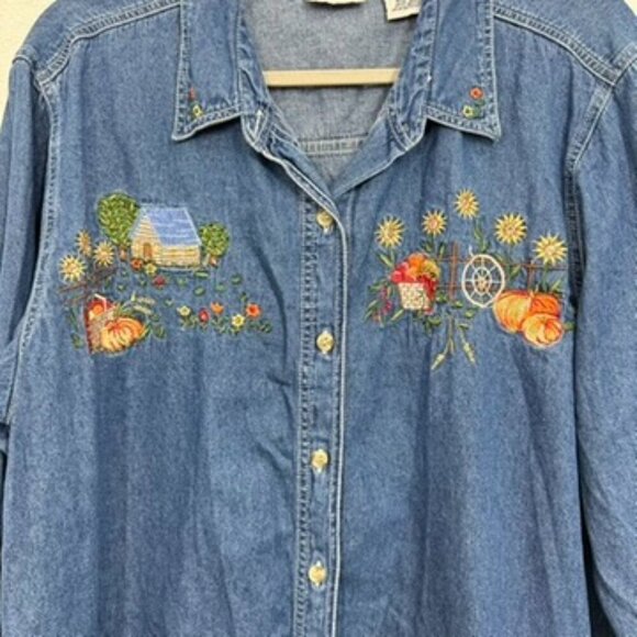 Vintage Embroidered Denim Button Up Shirt Women's Size 18W 20W Fall Harvest Cute - Picture 2 of 8